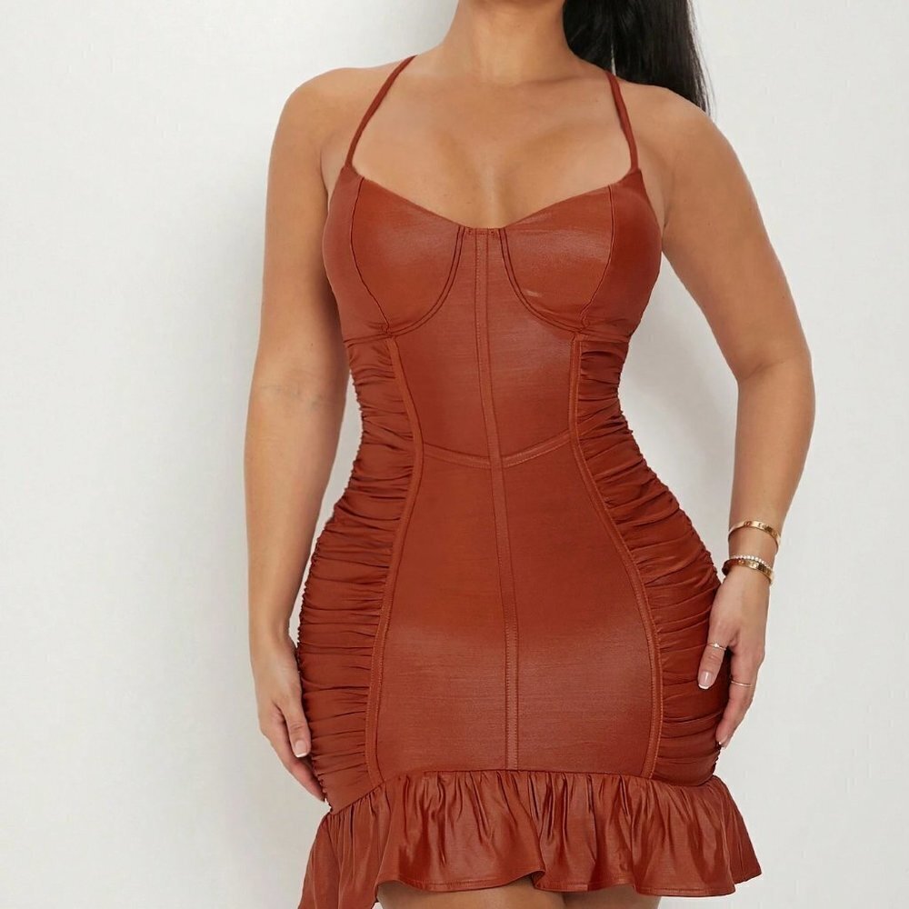 Sassy Ruffle Hem Ruched Bodycon Dress Rust Brown - Picture 2 of 4